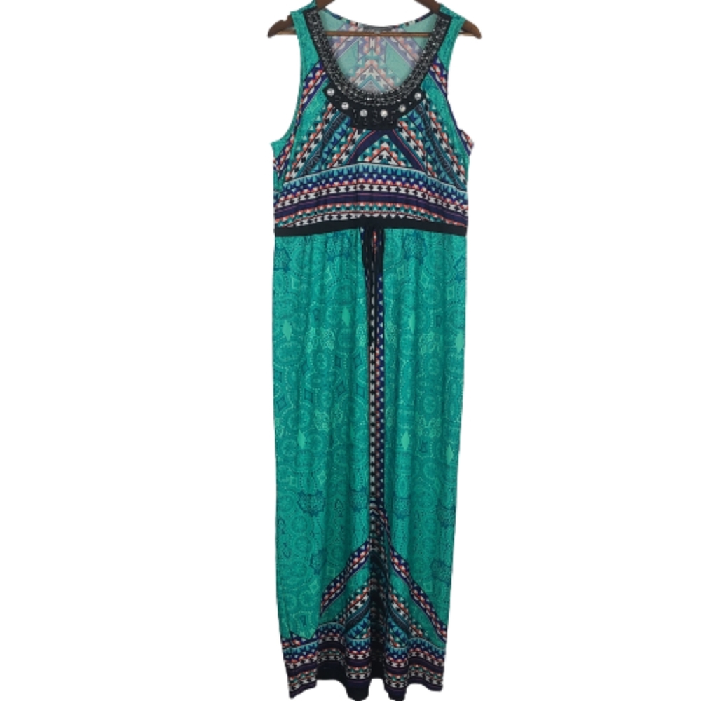 NY COLLECTION Sleeveless Jeweled Belted Long Dress Aztec Size XL Poly Spandex